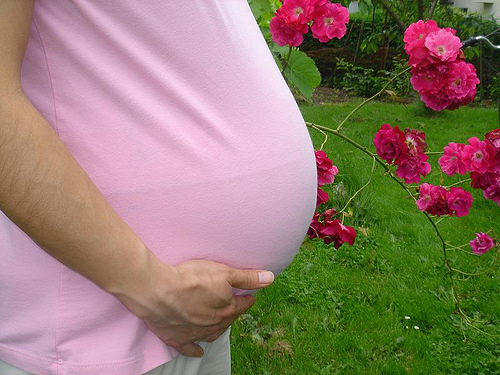 round pregnant belly and a sprig of roses